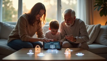 Family members of different ages interacting with abstract privacy symbols and a blurred device in a modern, neutral-toned living room.