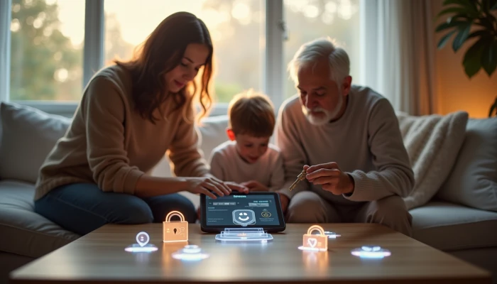 Family members of different ages interacting with abstract privacy symbols and a blurred device in a modern, neutral-toned living room.