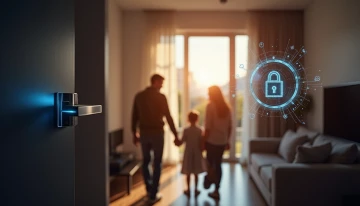Family standing in a secure home with digital lock, tablet showing network security, and encrypted data streams in the air
