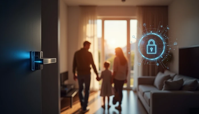 Family standing in a secure home with digital lock, tablet showing network security, and encrypted data streams in the air