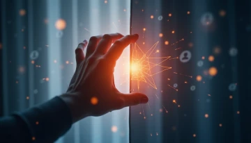 A hand closing a geometric curtain over a digital screen, with fading data symbols in the background.