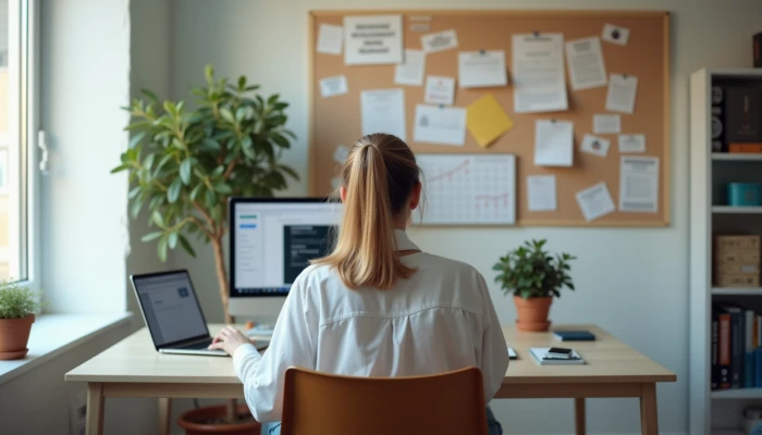 A woman studying data broker removal documents in a home office