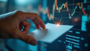 A hand gently removing a piece of paper from a blurred digital display, with abstract data points fading in the background.