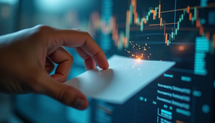 A hand gently removing a piece of paper from a blurred digital display, with abstract data points fading in the background.
