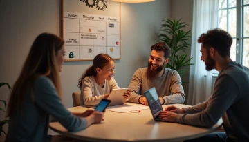 Family members using personal devices at a table with abstract security motifs and a calendar showing scheduled privacy check-ins