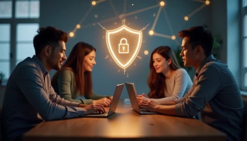 Family members using devices around a table with a glowing shield icon above, surrounded by abstract digital patterns.