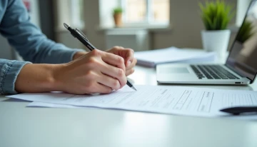 Person filling out a form at a desk