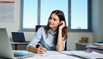 A person at home office desk, thinking while holding a pen