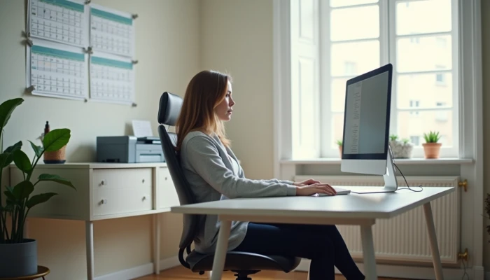 A person sitting at a desk in a home office, looking thoughtful