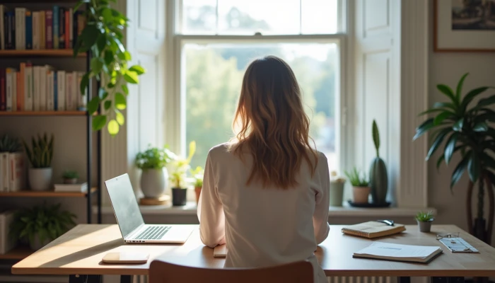 A woman working at a desk in a home office