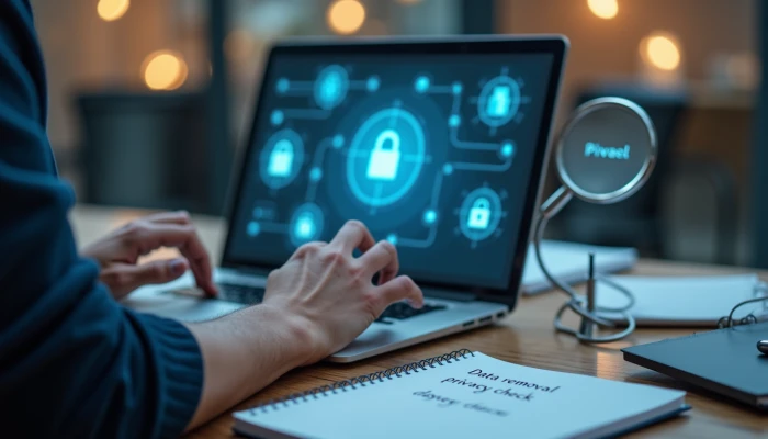 A person reviewing data security measures on a laptop, with abstract symbols representing privacy protection and data verification.