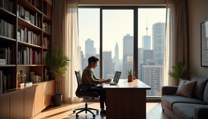 A person in a home office browsing on a laptop