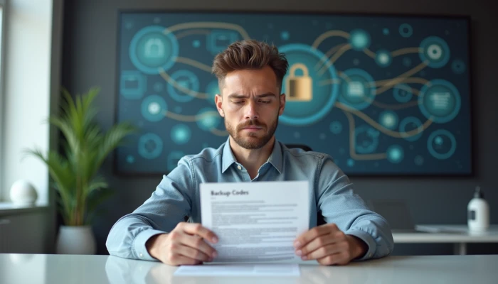 A small business owner at their desk, holding backup codes and looking determined