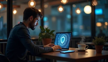 Remote worker using secure devices in a café with visual indicators of network protection and authentication