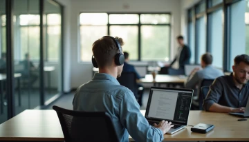 A freelancer using a laptop with a privacy filter in a modern coworking space