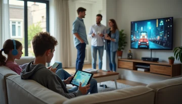Family using tablets in a living room