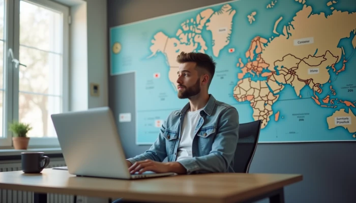A person sitting at a desk in a home office, looking thoughtful while surrounded by maps of data broker locations.