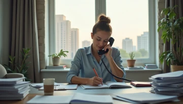 A person in a home office making notes while on the phone