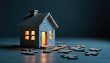 A modern house with subtle cracks in the walls, surrounded by abstract broken puzzle pieces in a dimly lit environment