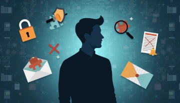 A person silhouette with abstract symbols representing identity theft risks, including a cracked lock, shield with gaps, scattered puzzle pieces, phishing envelope, credit report with a red X, and crossed-out notification bell, set against a blurred digital background.