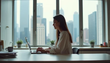 A person sitting at a kitchen island with a closed laptop and city view behind them