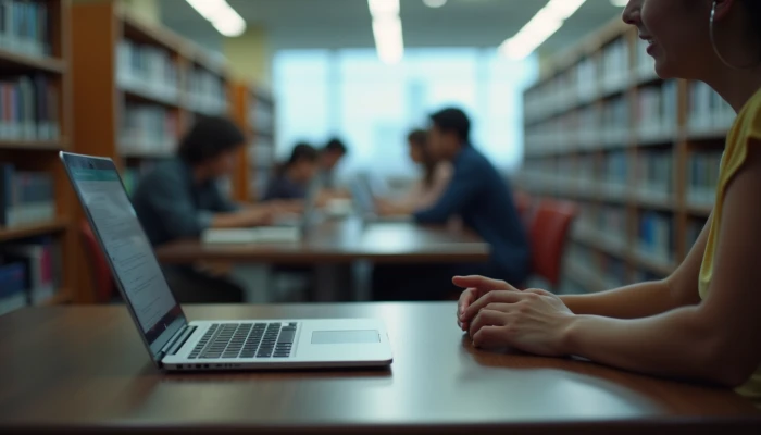 Individual using a closed laptop at a library table with a lock symbol, others using devices nearby in a neutral library setting