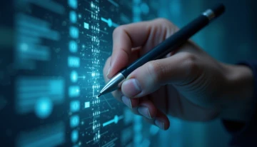 Hand erasing data points from a digital display with network patterns in the background