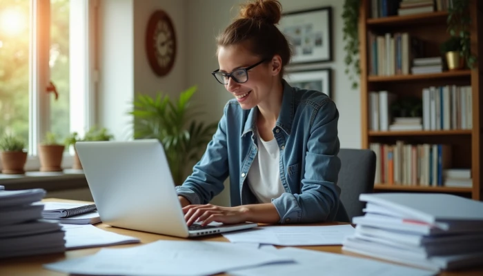 A person working at a desk in a home office