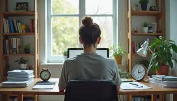 A person working on a laptop in a home office