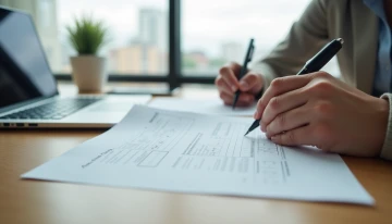 A person filling out a form at a table with a closed laptop nearby