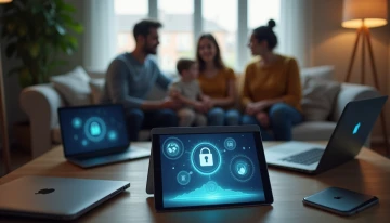 Family members gathered around a tablet showing abstract privacy icons, with blurred figures and modern security-themed objects in a living room.