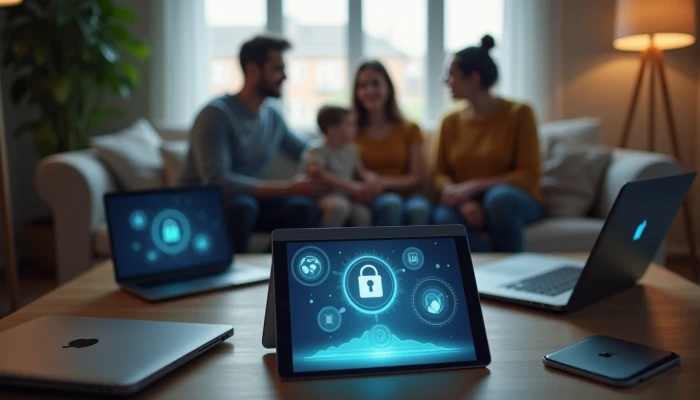 Family members gathered around a tablet showing abstract privacy icons, with blurred figures and modern security-themed objects in a living room.
