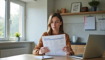A woman at a kitchen table reviewing exposed personal data
