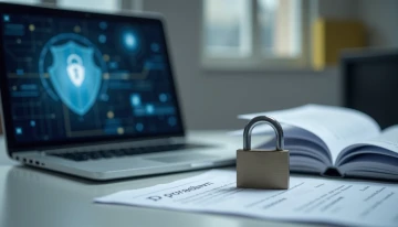 Abstract representation of digital security measures on a desk with blurred screens, lock icon, and redacted documents in a professional setting