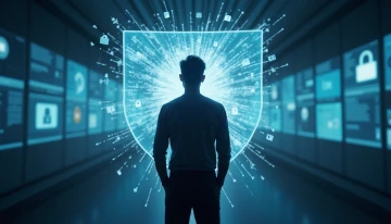 A person standing before a cracked digital shield with floating fragments, illustrating vulnerabilities in identity theft protection.
