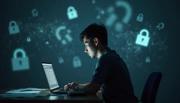 A person at a desk with a laptop, surrounded by abstract symbols of hidden vulnerabilities, with a calm expression and soft lighting highlighting the scene.