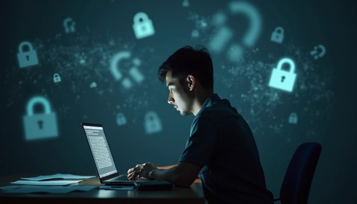 A person at a desk with a laptop, surrounded by abstract symbols of hidden vulnerabilities, with a calm expression and soft lighting highlighting the scene.