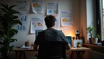A person in a home office, surrounded by maps and infographics