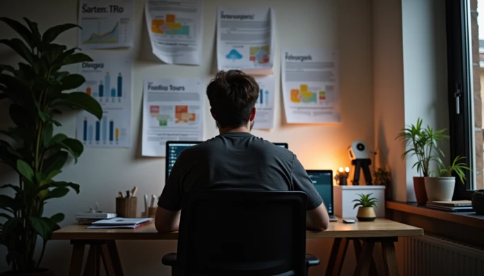 A person in a home office, surrounded by maps and infographics