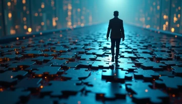 Abstract representation of navigating complex data broker removal processes, featuring a maze of interconnected puzzle pieces and subtle digital patterns in the background.