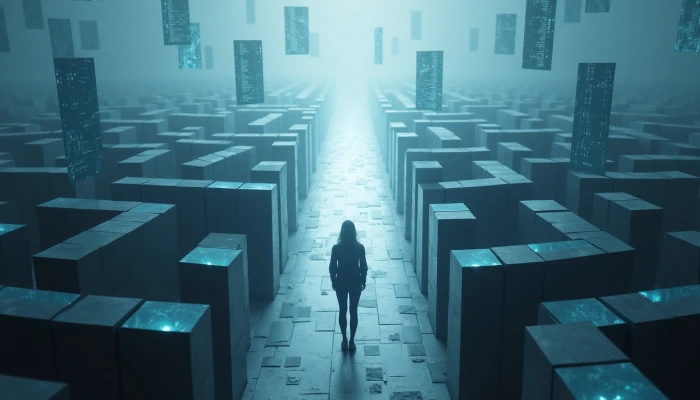 Abstract visualization of navigating a complex data maze, representing the effort required to remove personal information from obscure data brokers.