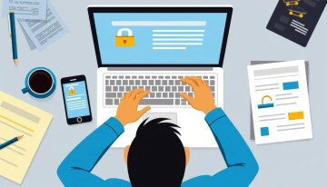 A person at a desk securing a laptop and phone with a lock, surrounded by organized documents and abstract security symbols